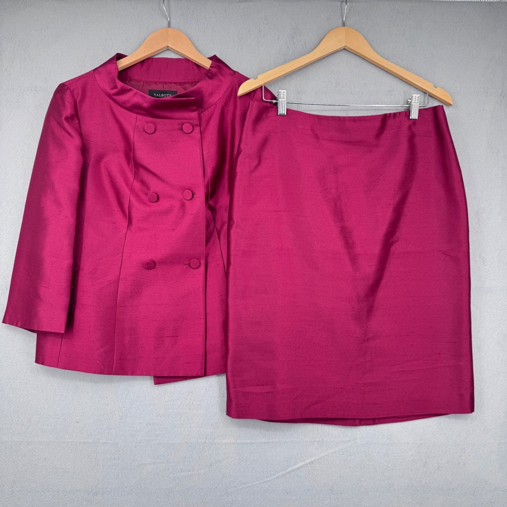 Talbots Skirt Suit Wmns 10 Deep Pink Silk Wool Blend Double Breasted Funnel Neck